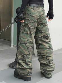 ONE.DINY 男女款哥特朋克迷彩宽松牛仔裤，休闲阔腿街头嘻哈工装裤 - 米色 - 查看 5