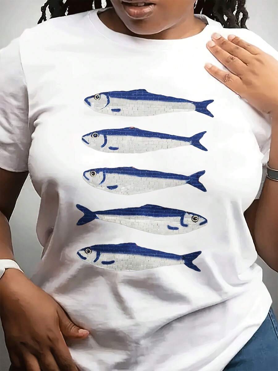Camiseta casual cuello redondo Festival de primavera de las mujeres | Sved corto, tejido estirable ligero, estampado de pescado geométrico, yo para el uso diario y esporas, regalo perfecto para amigos y familia