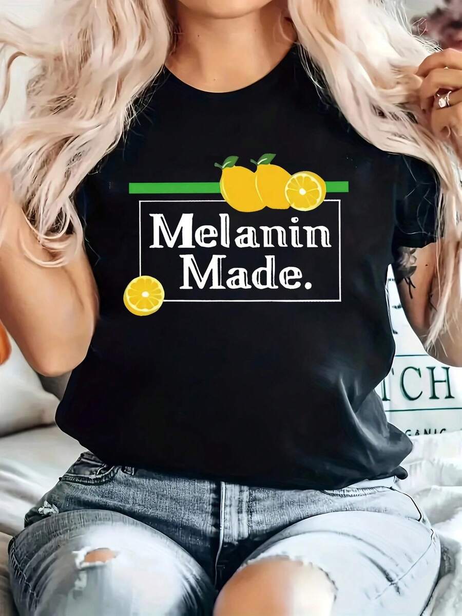 Women'S Lemon Print T-Shirt Featuring African Heritage Design with Melanin Accents, Casual Crew Neck Short Sleeve Summer Top, Black And White Text, Comfortable Fit for Everyday Wear And Melanin Celebration