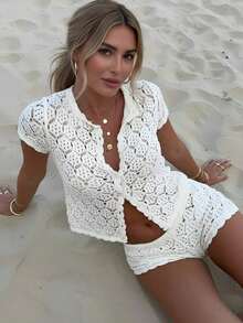 Women's Summer Vacation Set, Crochet Mesh Hollow Out Beach Short Sleeve Knit Cover Up + Shorts 2 Piece Set - Women's Vacation 2 Piece Set, Crochet Cover Up Nightclub Outfit, Women's Fitted Style White - trắng - Xem 1