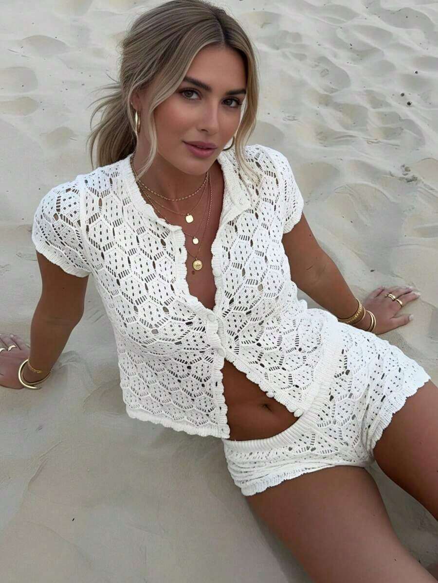 Women's Summer Vacation Set, Crochet Mesh Hollow Out Beach Short Sleeve Knit Cover Up + Shorts 2 Piece Set - Women's Vacation 2 Piece Set, Crochet Cover Up Nightclub Outfit, Women's Fitted Style White - trắng - Xem 1