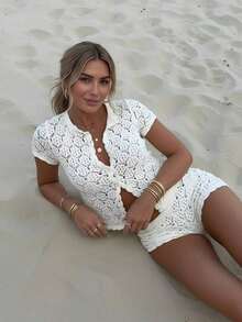 Women's Summer Vacation Set, Crochet Mesh Hollow Out Beach Short Sleeve Knit Cover Up + Shorts 2 Piece Set - Women's Vacation 2 Piece Set, Crochet Cover Up Nightclub Outfit, Women's Fitted Style White - trắng - Xem 3