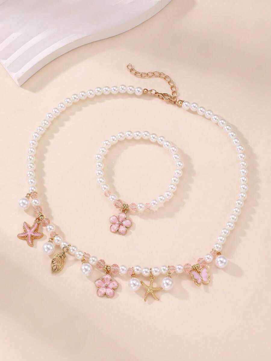 2件套女孩花朵、海星、蝴蝶和珍珠串珠项链和手链套装 - 粉色 - 查看 1