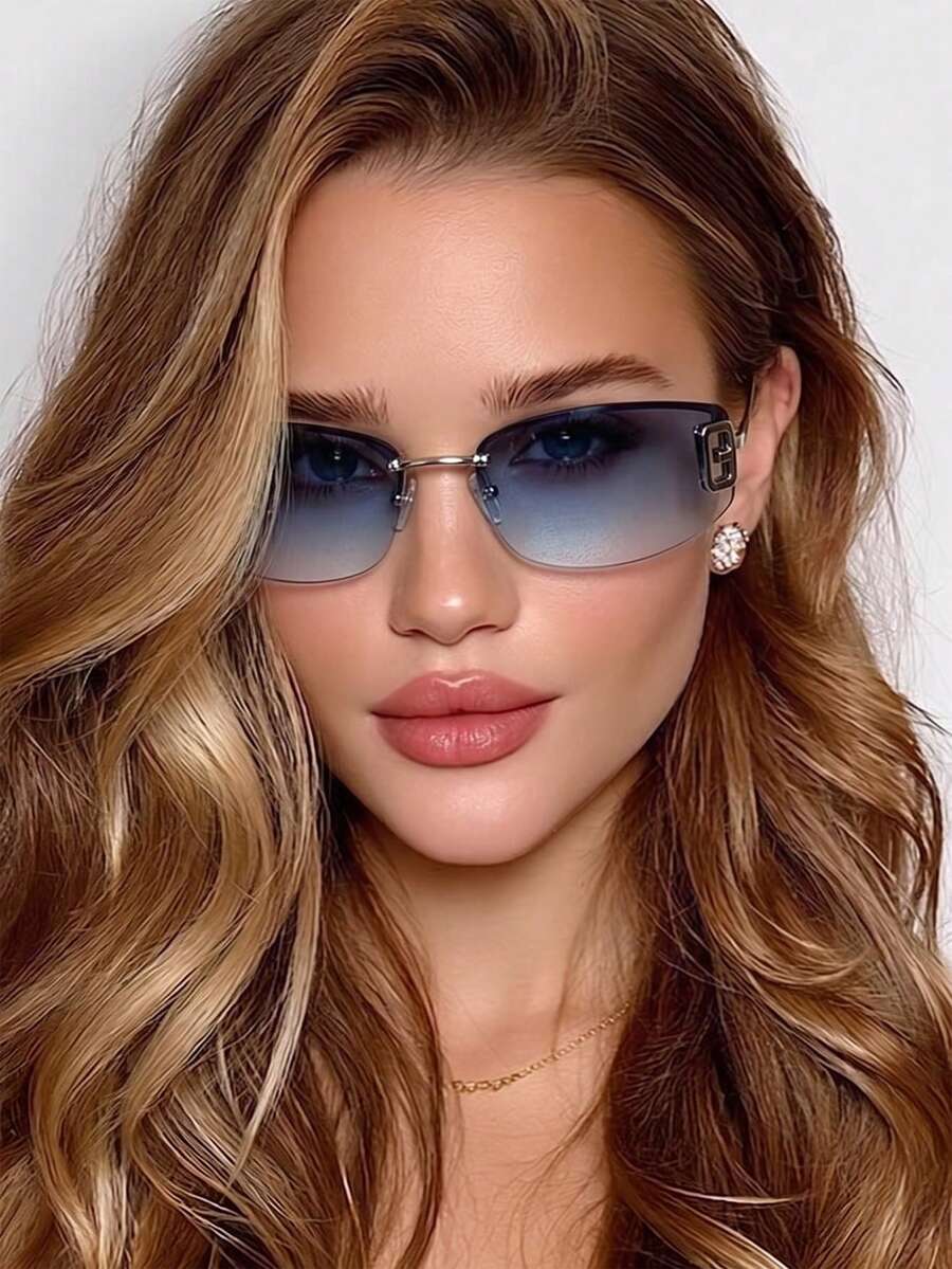 1 Pair Women's Silver Cat Eye Semi-Rimless Metal Leg Gradient Hollow Lens Y2K Street Style Fashion Glasses - Silver Frame, Light Blue - View 1