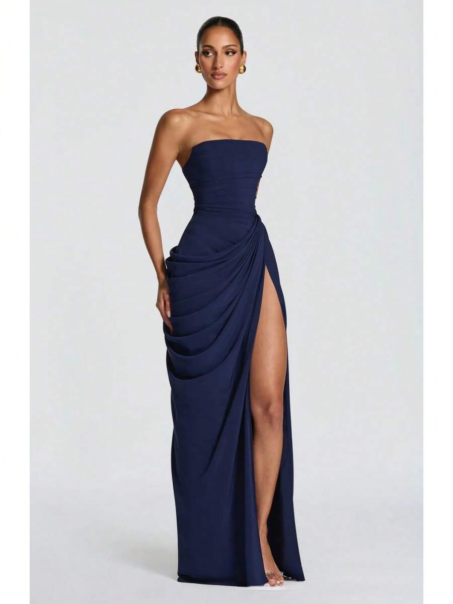 Backless Solid Color Maxi Dress, Women's Strapless Ruched Evening Party Dress - 藏青色 - 查看 1