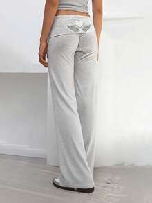 Women Daily Casual Soft Comfy Knit Fabric High Waist Elastic Waistband Slim Fit Flared Leg Solid Color Basic Long Trousers - Grey - View 2