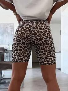 Pantalones Capri de Verano para Mujer, Pantalones Cortos Ajustados con Estampado de Leopardo - Chocolate - Ver 3