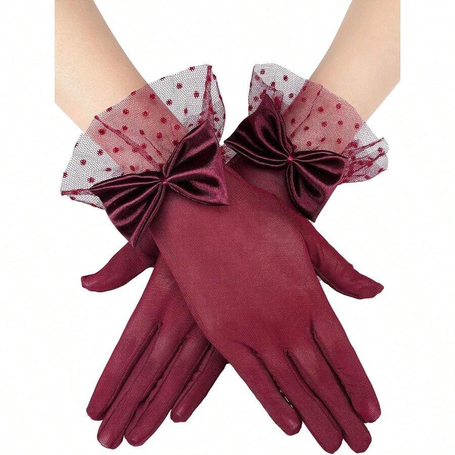 Women Lace Gloves Wedding Tea Party Gloves Bow Short Mitten Elegant Accessories For 1920s Opera Funeral - Burgundy + Lace Style - View 1