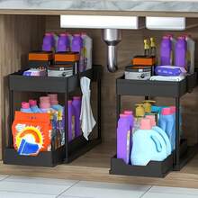 2-Tier Sliding Under Sink Organizer - Multipurpose Storage Drawer For Kitchen & Bathroom, Durable Plastic, Black Under Sink Organizers And Storage Bathroom Storage Cabinet - Multicolor - View 9