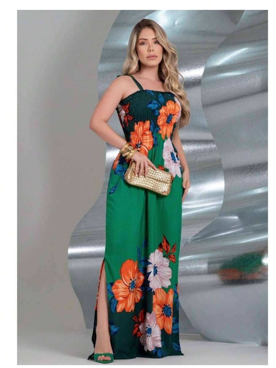 Women's Long Viscose Linen Dress With Elastic Straps – Casual, Beach, And Christian Party Wear - Màu xanh Ô liu - Xem 1