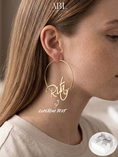 Pendientes de aro con nombre personalizado en círculo, pendientes con nombre personalizado, pendientes de aro elegantes minimalistas con nombre en círculo, pendientes de aro en forma de C, pendientes de aro grandes en círculo, regalo para mujeres, regalo para el Día de la Madre