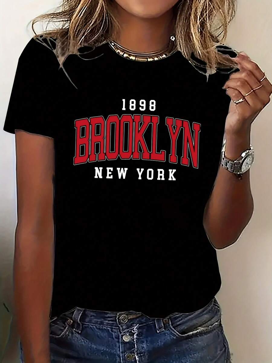 Camiseta corta Sve de estilo urbano de moda de las mujeres | Cómodo amigable con la piel, cuello de tripulación, impresión del alfabeto, perfecto para todas las estaciones y casuutings