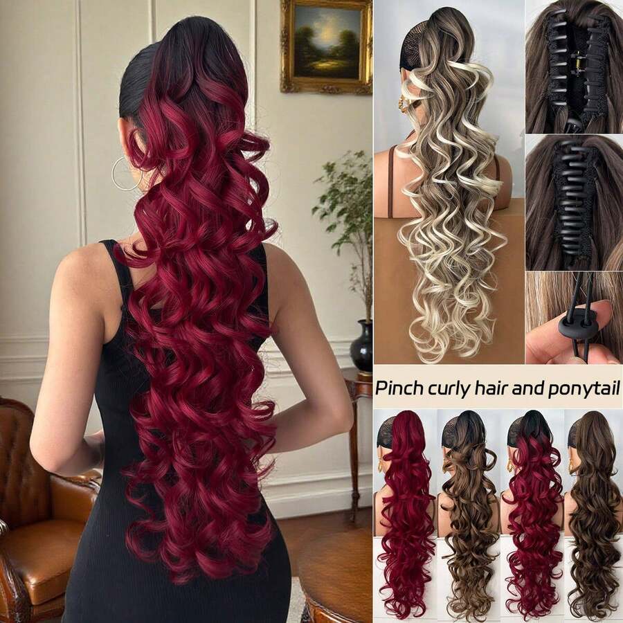 Tóc nối đuôi ngựa dạng càng cua 32 inch, kiểu ombre sóng sâu, mềm mại, chịu nhiệt, làm từ sợi tổng hợp, thích hợp cho nữ sử dụng hàng ngày.