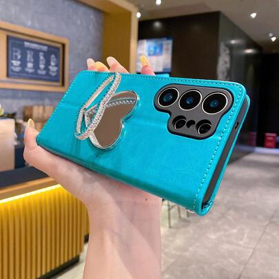 1pc Luxury Rhinestone Heart-Shaped Mirror Stand, Hidden Multi-Function Folding Desk Stand, Leather Case, Suitable For SX S26ULTRA/S25/S24/S23/S22/S21 A56/A55/A54/A36/A55/A26/A25/A17/A16, MT, Transsion Series [International Version, Not Domestic]