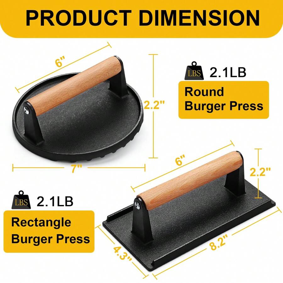 1pc, Cast Iron Grill Press For Perfectly Seared Bacon, Steak & Sandwiches Equalized Weight Distribution Press With Wood Handle Round Square