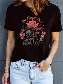 Inspiradora adversidad flor gráfica impresión T - camiseta mujer primavera - verano corto - manga tripulación - cuello casual T - camiseta, ocio diario, regalo de vacaciones - Negro - Ver 2