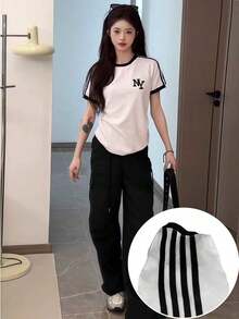 Áo thun nữ thể thao tay raglan phối màu tương phản, dáng ôm in chữ, tay ngắn, màu trắng, kiểu dáng thường ngày. - trắng - Xem 3