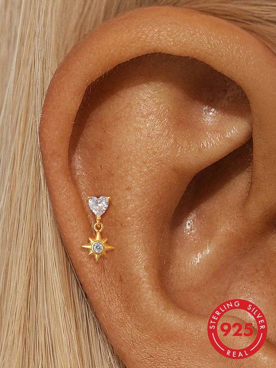 1件925纯银精致心形双扣八角星形立方氧化锆扁平耳夹耳环，适合日常佩戴、派对、周年纪念日等场合。
