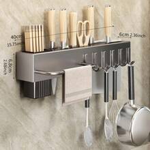 Estante de almacenamiento multifuncional montado en la pared para cocina, con soportes y ganchos, jaula para palillos, soporte para cuchillos de cocina integrado - Gris 40 cm - Ver 2