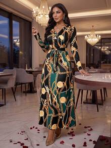 SHEIN Lady Đầm dài ôm sát cổ chữ V họa tiết xích thanh lịch dành cho nữ, Xuân/Thu - Nhiều màu - Xem 6