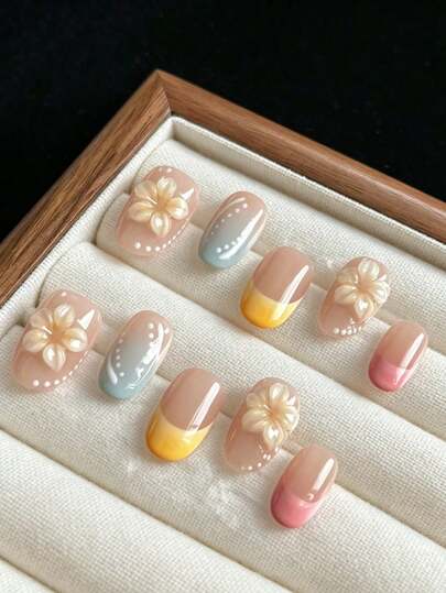 qihangxin 10pcs Handmade Short Nail Stickers, Christmas Gift, False Nails, Short Nail Stickers, Nude Color Matching Macaron Color, Handmade 3D Flowers, Hand-Painted Gradient Style, White Lines, Polka Dot Texture Decor, Fresh And Sweet, Short Oval Shape, Removable Nail Stickers, Accessory Kit Included; Suitable For Girls' Daily Wear, Also Can Be Used As Holiday Gifts.