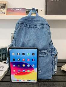 Mochila mini de mezclilla lavada vintage Y2K con bolsillos con cordón, adecuada para el estilo callejero estudiantil - Multicolor - Ver 10