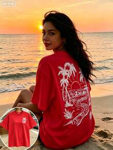 Red Plus Size Beach Sunset Print Short Sleeve Casual T-Shirt Summer Style - 紅色 - 查看 7