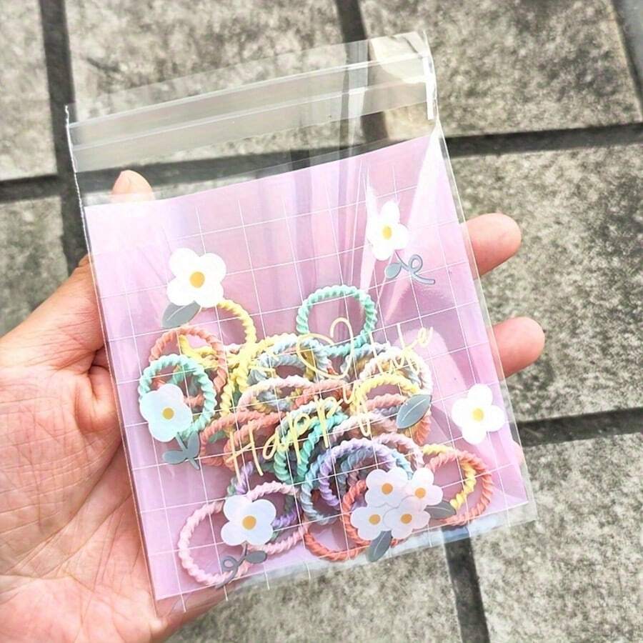 50/100pcs Assorted Small Flower And Leaf Pattern Gift Bags, Pink, Blue, And Green Plaid Self-Adhesive Packaging Bags - Perfect For Birthdays, Weddings, Tea Parties, Spring & Summer Themed Events - Grid Flower - View 1
