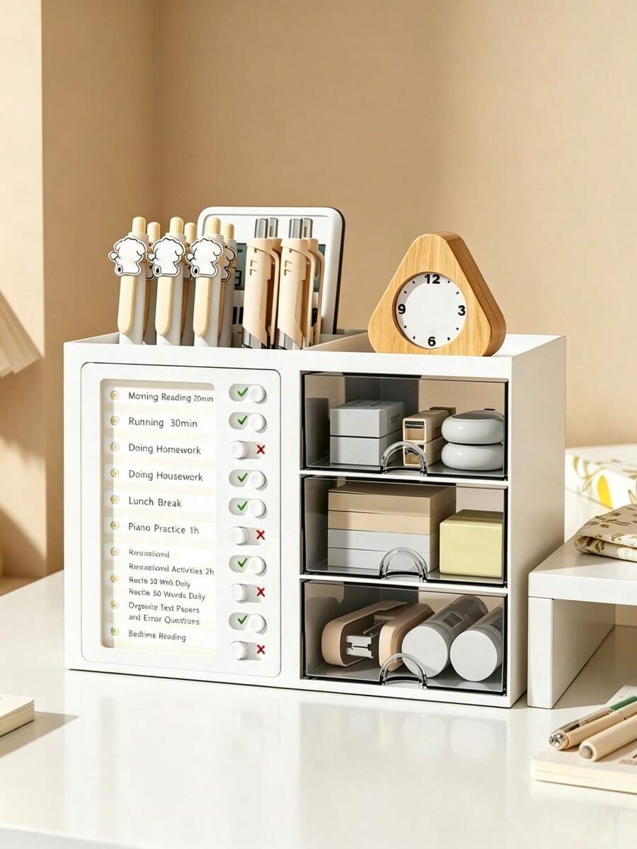 OBOVAY 1pc Children's Desktop Storage Box With Drawer, Student Self-Discipline Checklist Pencil Holder, Space-Saving Desktop Organizer For Baby Supplies, Kids Essentials, Bedroom Decor, Girls Room - Multicolor - View 1