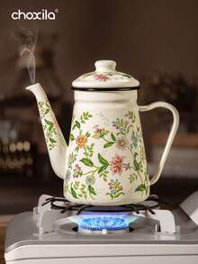 choxila 1pc Enamel Coffee Pot, Tea Pot,Floral Pattern Gooseneck Kettle, 1.2L Large Capacity, With Handle And Narrow Spout. It Can Be Used As An Oil Pot, Boiling Pot And Household Teapot, Suitable For Electric Stoves And Gas Stoves To Brew Coffee And Tea. - 1.2L Flower and Bird Enamel Kettle - View 6