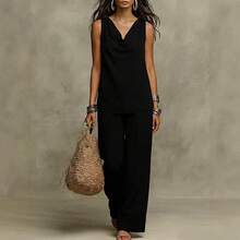 Women's Sleeveless Cowl Neck Top & Wide Leg Pants Set, Chic Casual Two-Piece Boho Summer Outfit - trắng - Xem 4