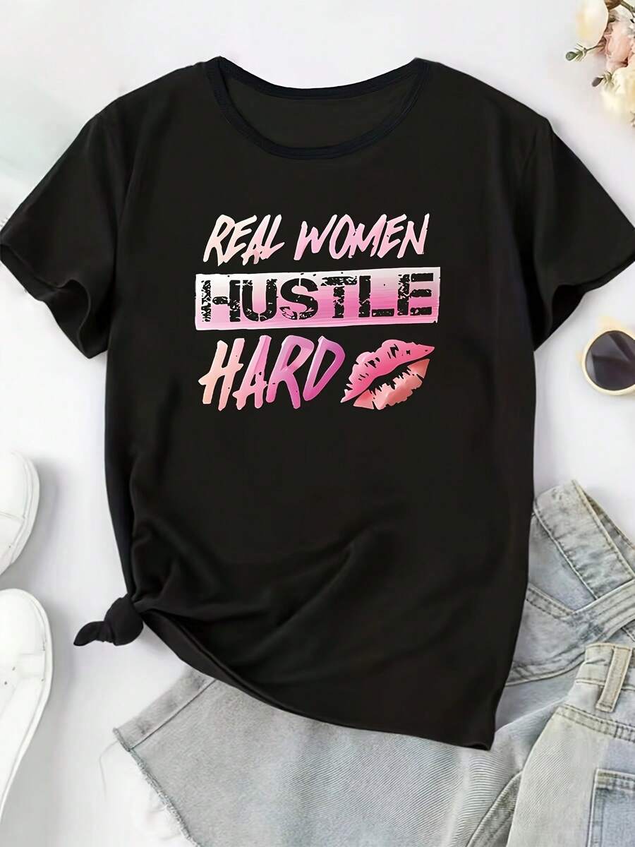 Camiseta de Talla Grande con Estampado de Letras - Negro - Ver 1