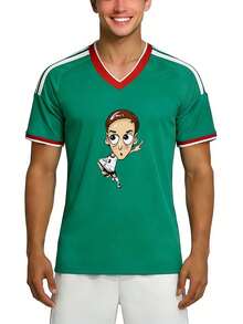 Camiseta de la temporada de fútbol 2026 con personaje de dibujos animados, jersey de jugador de fútbol con cuello en V, camiseta de verano para fanáticos del fútbol para hombres - Verde - Ver 1