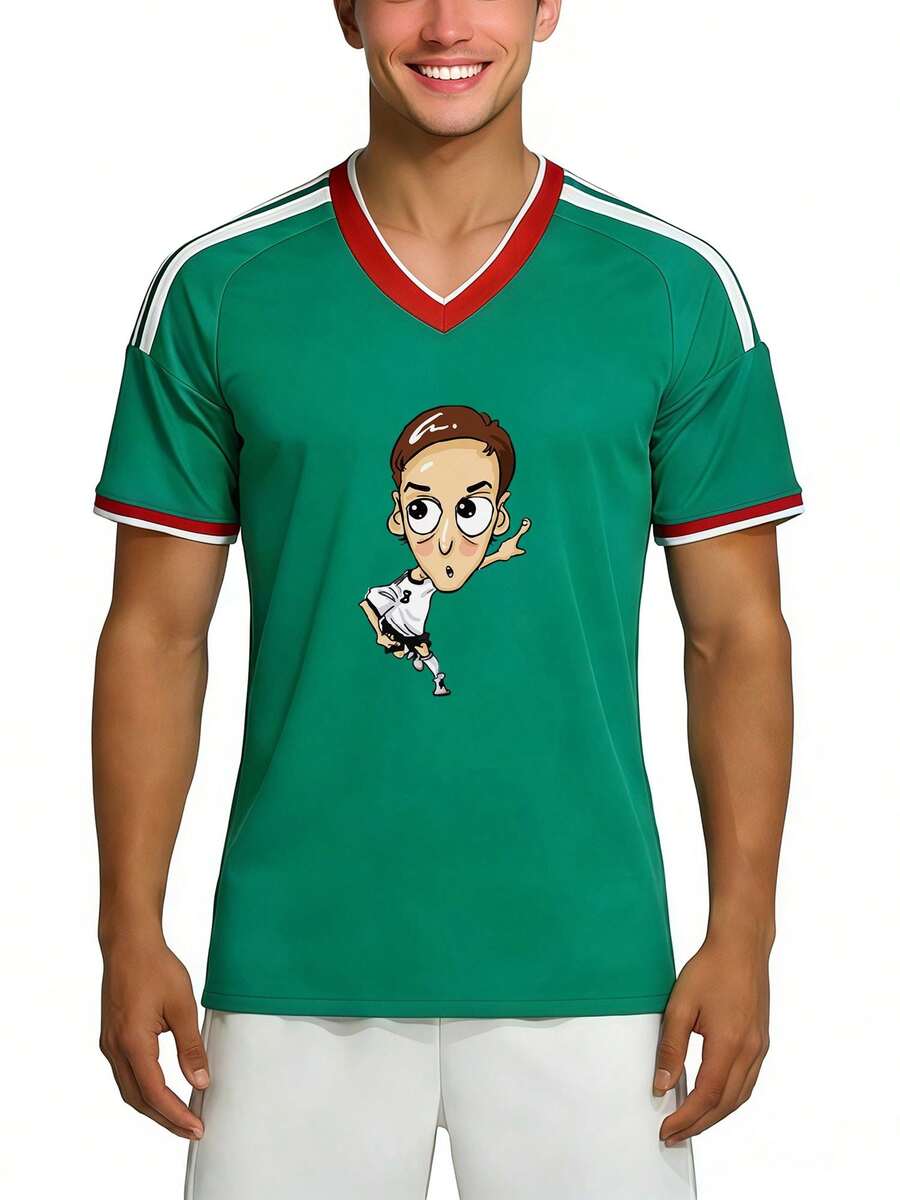 Camiseta de la temporada de fútbol 2026 con personaje de dibujos animados, jersey de jugador de fútbol con cuello en V, camiseta de verano para fanáticos del fútbol para hombres - Verde - Ver 1