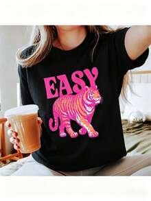 Easy Tiger Shirt, Di Tiger Boxy , Vintage Tigers Crop Top, Easy Tiger , Retro Tiger , Easy Tiger T-Shirtcotton220g High-Quality Pure Vintage Cotton T-Shirt Summer Outfits For Women Graphic Tees With Minimalist Printing, Soft And Breathable Fabric, Comfortable And Loose, Suitable For All Day Wear, Suitable For Office Casual Wear, Spring And Summer Daily Appearance, Elegant And Youthful Design-Unisex Summer Casual Vintage Cotton Printed T-Shirts For Couples - Black 1 - 查看 7