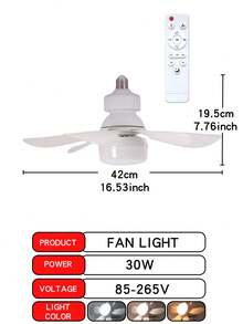Quạt trần LED 30W có thể điều chỉnh độ sáng, sử dụng bóng đèn E27, kèm đèn và điều khiển từ xa, thích hợp cho phòng ngủ và phòng khách, 6 cánh quạt, 3 tốc độ gió, chức năng hẹn giờ. - trắng - Xem 12