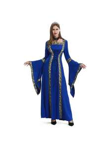 Medieval Retro Hooded Halloween Dress, Square Neckline, Lace-Up Detailing, Flared Sleeves, Full Hem, Stage Performance Costume - 837 Black and Red [Skirt + Tie-up] - View 5