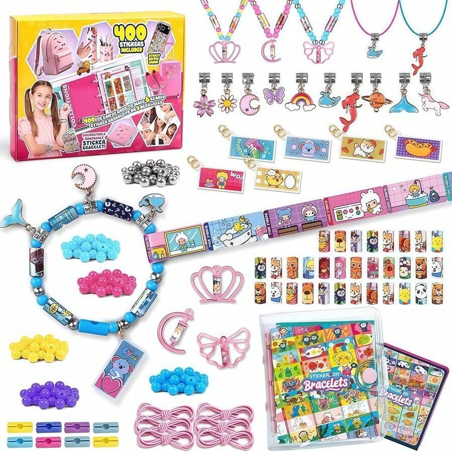 Kit DIY de fabricación de joyas con pegatinas 400 piezas, pegatinas mini reutilizables, juego de pulseras con pegatinas, adecuado para niños, pulsera adhesiva en rollo ponible y compartible, niñas de 5-12 años