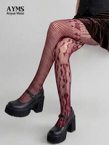 1 par de leggings de jacquard con estilo punk Y2K, asimétricos y con forma de corazón de color rojo vino, y medias altas caladas góticas, adecuados para fiestas, reuniones y atuendos de subculturas - Multicolor - Ver 5