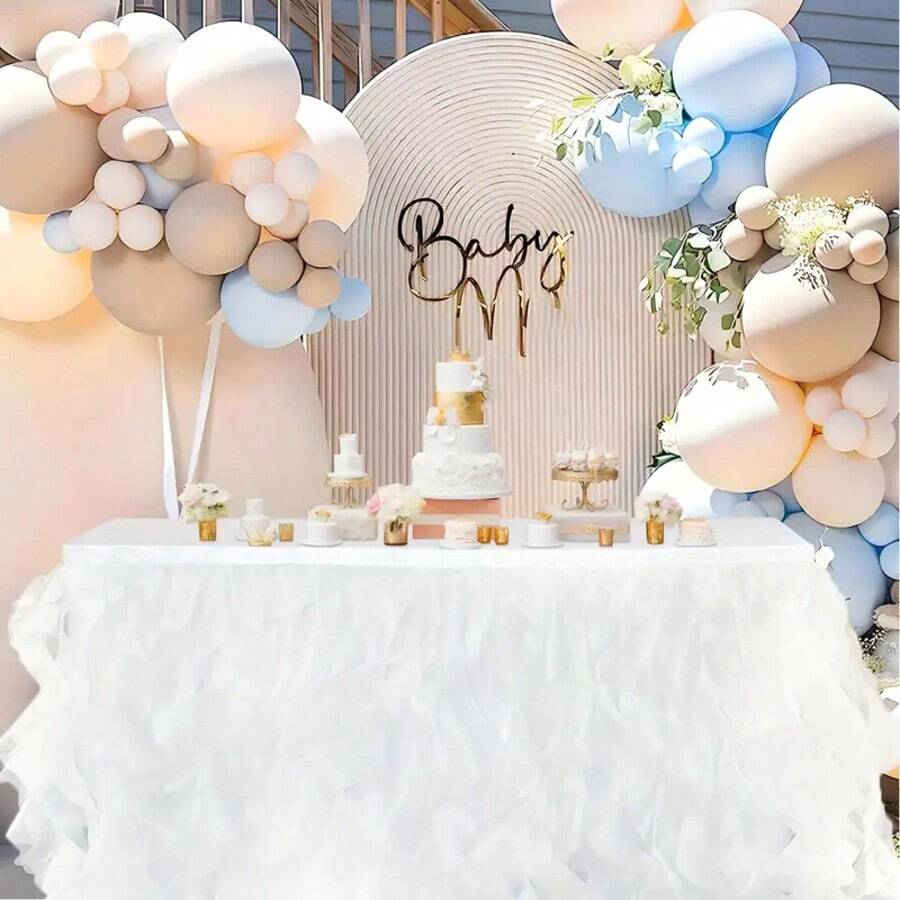 6ft Elegant Beige Tulle Table Skirt - Curly Willow Design, 100% Polyester Ruffle Tablecloth For Weddings, Bridal Showers & Birthday Parties - Versatile For Rectangle & Round Tables, Wedding Table Decorations - White - View 1
