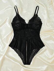 Plus Size Women Lace Patchwork Sexy Lingerie Bodysuit - Black - View 2