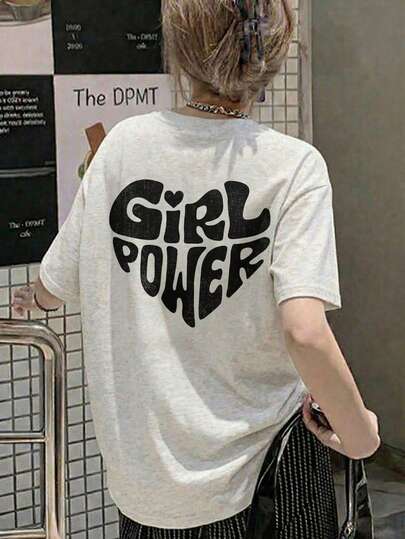 Y2K Sweet & Hot Girl Power Heart Slogan Print Short Sleeve T-Shirt, Loose Fit Light Gray Ins Minimalist Design Flattering Summer Top