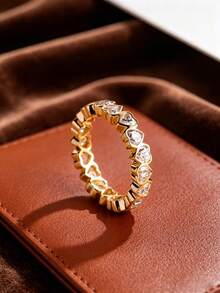 Nhẫn hình trái tim dễ thương và sang trọng, đính đá Cubic Zirconia, mạ vàng 14K, thiết kế tối giản, có thể đeo chồng lên nhau. - Vàng - Xem 7