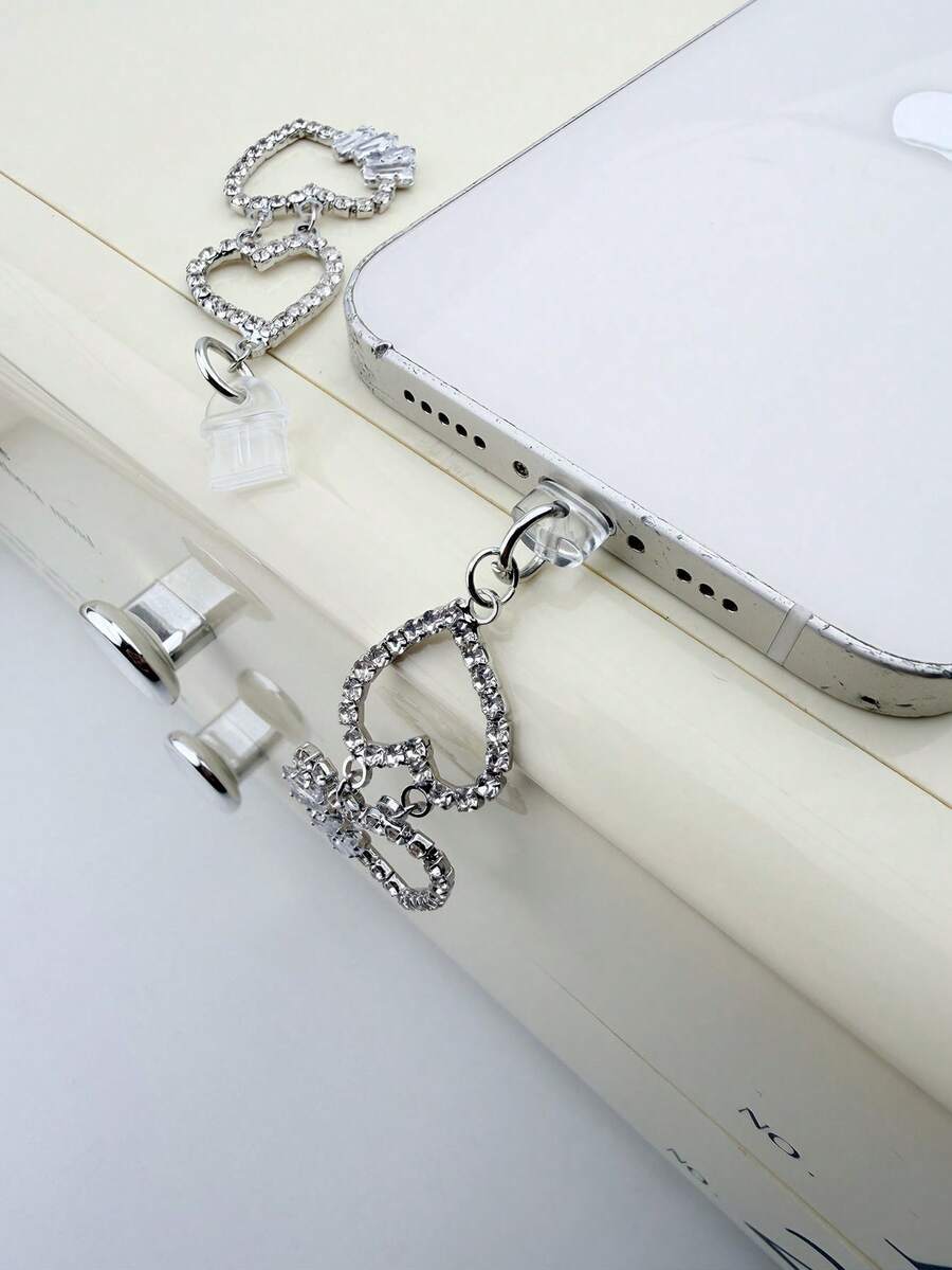 1pc Double Heart Shaped Dust Plug Pendant, Heart-To-Heart With White Rhinestone Dust Plug, Compatible With Apple, Type-C And Android Data Port Dust Plug Decor, Rhinestone Dust Plug Hanging Accessory - Multicolor - View 1