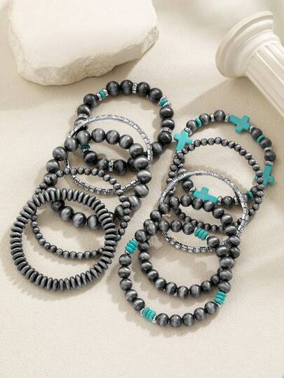 10 piezas Conjunto mixto de pulsera de cadena de tenis multicapa, pulsera de cruz con cuentas, cadena de muñeca elástica vintage, adecuado para uso diario, de oficina y vacaciones