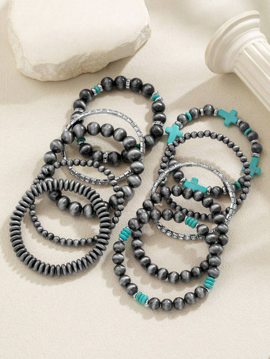 10pcs Multi-Layer Tennis Chain, Beaded Cross Bracelet Mixed Set, Vintage Elastic Wrist Chain Jewelry, Suitable For Daily, Commute And Holiday Wear - Multicolor - View 1