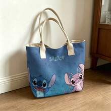 Miniso Disney Stitch & Angel Canvas Tote Bag, Blue Sketch Background Shoulder Bag For Daily Use - White - View 7