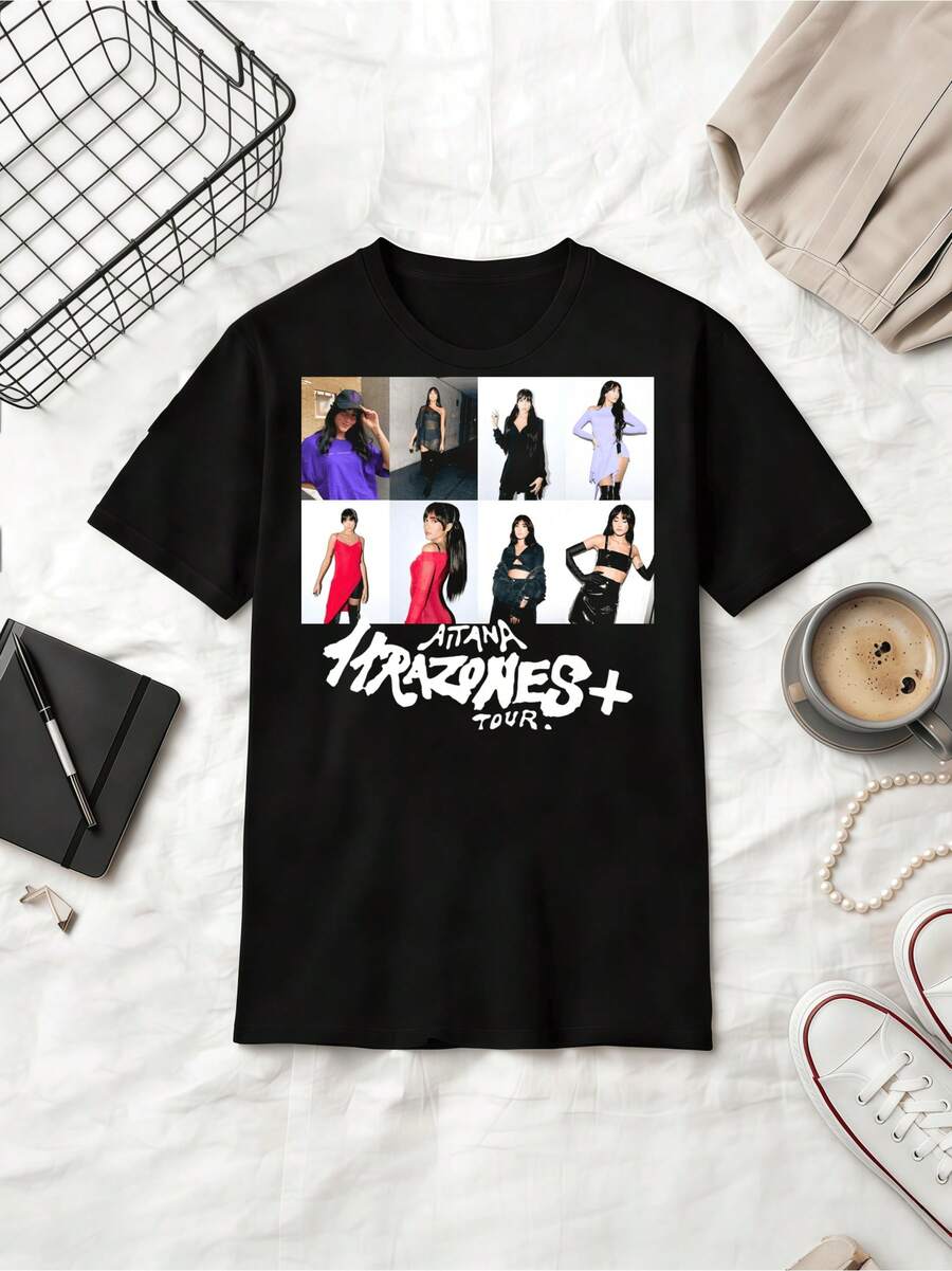11 Razones+ Tour Fashion Collage Fan Cotton Summer Short Sleeve T-Shirt - Black - View 1
