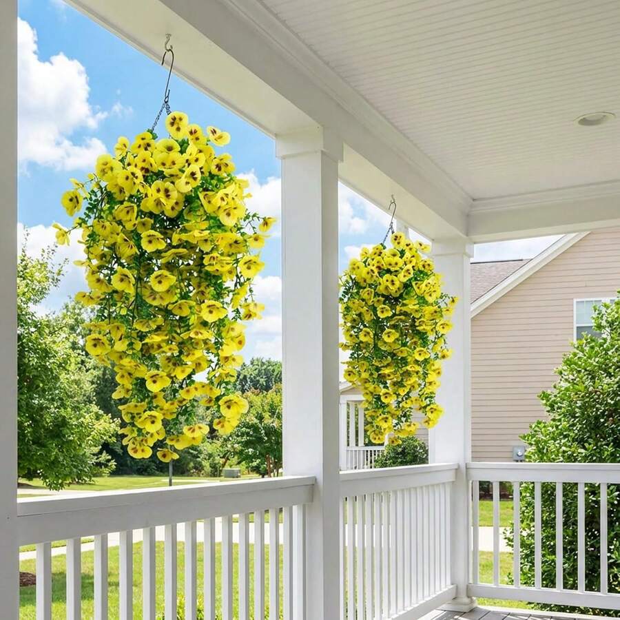 1pc Outdoor Artificial Flower Hanging Eucalyptus Plant Silk Wisteria Vine UV Protected Greenery Anniversary Graduation Wedding Party Home Office Porch Garden Wall Spring Summer Decor - Pansy - Yellow - View 1