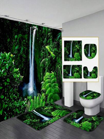 迷人森林瀑布浴帘 - 绿叶植物图案，耐用涤纶材质，可水洗，带挂钩 - 适合全年浴室装饰